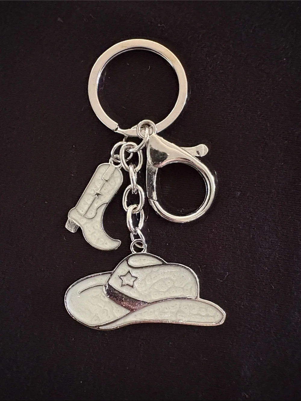 Silver and White Cowboy Hat & Boot Keychain Bag Charm - Silver Tone